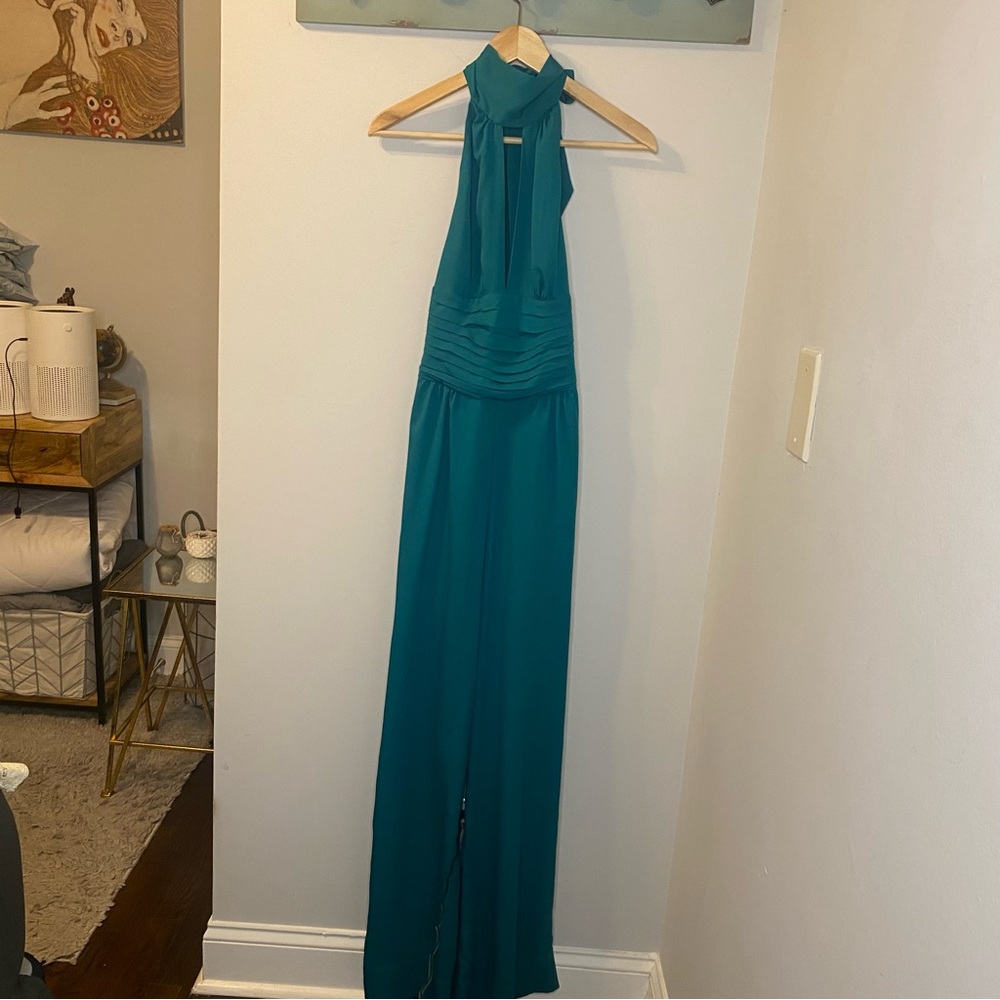 Elegant Teal BEBE SATIN JUMPSUIT Tie Neck Small